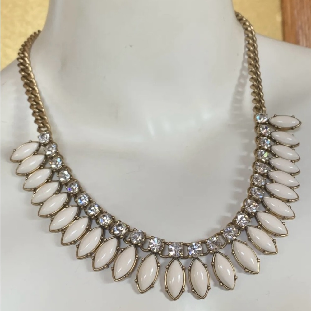 J. Crew Cream Navette Rhinestone & Clear Crystal Chain Statement Necklace